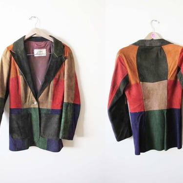Vintage 70s Suede Leather Patchwork Jacket XS - 1970s Multicolor Womens Colorblock Blazer - Hippie Boho Jacket 