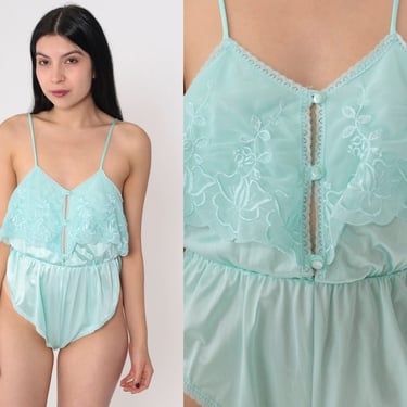 Seafoam Green Teddy 80s Floral Embroidered Lingerie Romper Button up Bodysuit One Piece Romantic Boudoir Sexy Vintage 1980s Val Mode Small S 