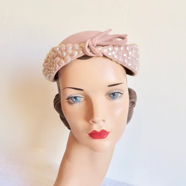 1950's Pink Felt Calot Hat Iridescent Paillettes Trim 50's Spring Summer Millinery Rockabilly Miriam Lewis, French Room 