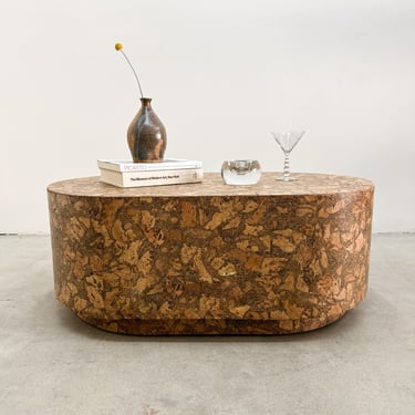 Vintage Cork Oval Coffee Table – MCM 70s 80s Retro Postmodern Burl Wood – Natural Tan Brown Mid Century Modern Living Room Furniture 