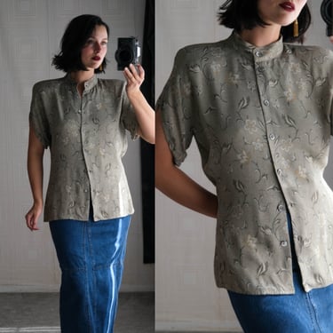 Vintage 90s GIORGIO ARMANI Floral Earthtones Rayon Short Sleeve Button Up Blouse w/ Mandarin Collar | Made in Italy | 1990s ARMANI Designer 