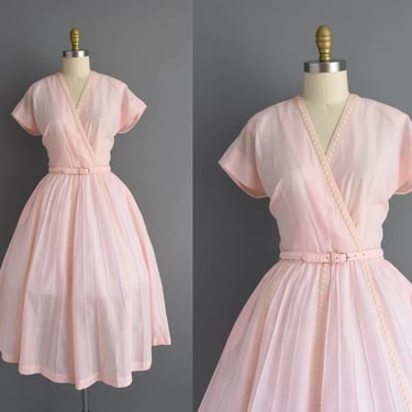 1950s vintage dress | Beautiful Pastel Pink Cotton Shirtwaist Full Skirt Cotton Dress | Medium | 50s dress 