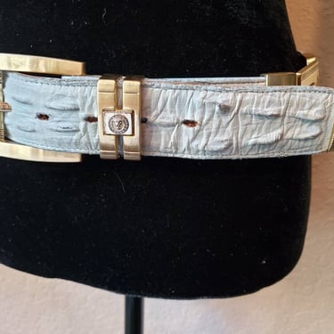 Vintage unisex leather light blue croc and gold lion deco belt by Holster 