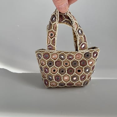 1990'S Petite Beaded Handle Bag - Seed Beadwork with Pink & Mauve Embroidery Wrapped Mirrors - Satin Lined with Tiny Side Pocket 