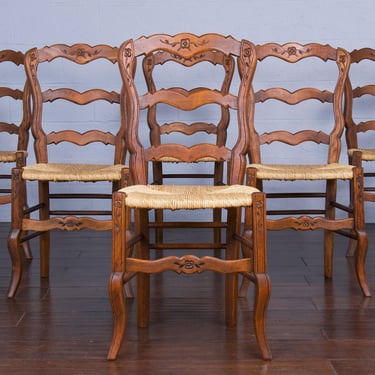 Antique Country French Provincial Ladder Back Maple Dining Chairs W/ Rush Seats - Set of 6 