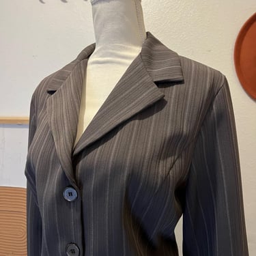 Vintage USA Made 90s Chocolate Brown Vertical Striped Button Front Fitted Blazer 