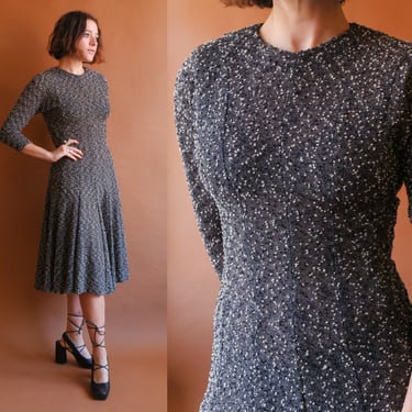 Vintage 70s Boucle Knit Dress/ 1940s Style Black White Textured Dress/ Size Small 