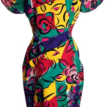 80s/90s Bold Abstract Floral Sequined Puff Sleeve Dress By Morton Myles for The Warrens