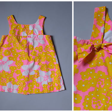 TODDLER Vintage 1960s Nalii Honolulu Pink + Yellow Hawaiian Tropical Floral Print Button Back Sundress Dress 