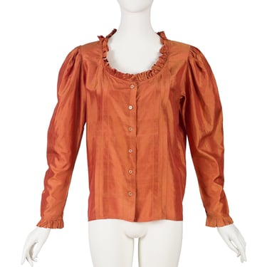 Yves Saint Laurent 1980s Vintage Iridescent Burnt Orange Raw Silk Ruffle Blouse Sz L XL 