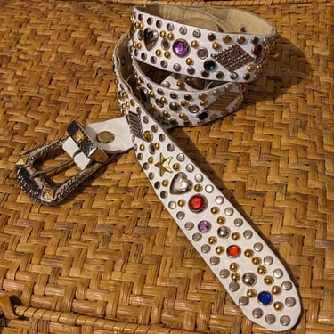 Cool Vintage New York Fashion White Leather Studded Belt with Gems and Metal Western Details 