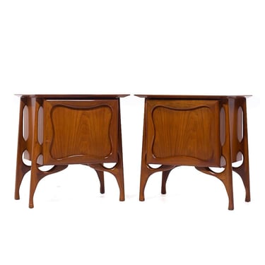 Vladimir Kagan Style Mid Century Sculptural Walnut Nightstands - Pair - mcm 