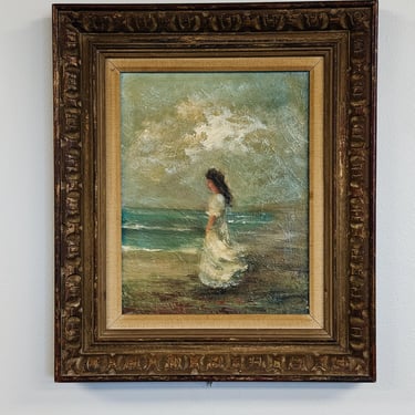 Original Vintage Oil Painting on Board, Woman by Sea 