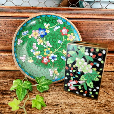 Vintage Cloisonné Dish & Match Box Holder, Floral Design~Enamel on Brass 