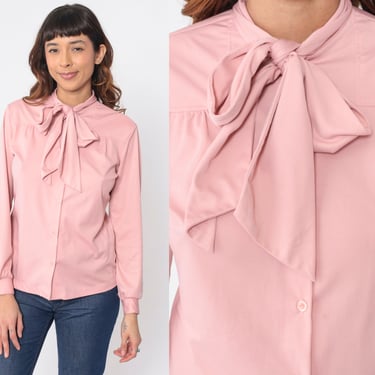 70s Ascot Shirt Pink Secretary Blouse Long Sleeve Top Bow Neck Top Button Up Vintage 1970s Long Sleeve Shirt Small Medium 
