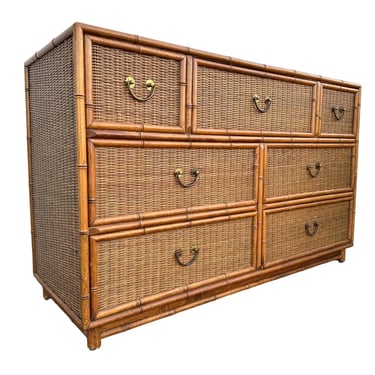 Vintage Rattan Dresser with Faux Bamboo Wood, Wicker and 7 Drawers - 48” Long Hollywood Regency Coastal Boho Chic Campaign Style Furniture 