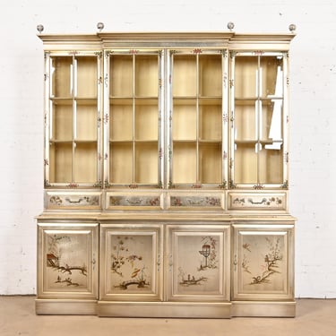 Karges Furniture Style Chinoiserie Silver Gilt Breakfront Bookcase Cabinet, Circa 1960s