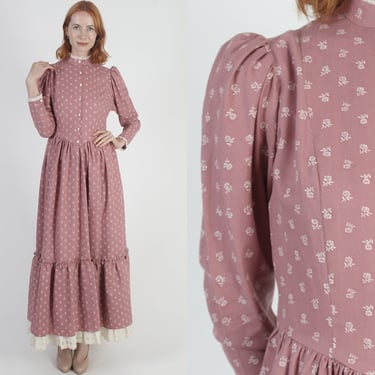 Charming Mauve Pilgrim Style Dress, Cotton Americana Inspired Homespun Gown, Farm Life Chore Work Button Up Maxi 