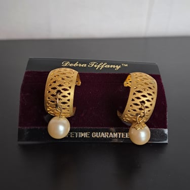 Vintage 90s Faux Gold & Pearl Wide Hoop Earrings 