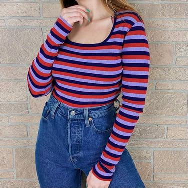 Vintage Ribbed Striped Cotton Long Sleeve T-Shirt 