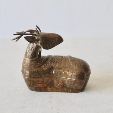 Vintage Cambodian Style Brass Deer Antelope Betel Box Trinket Container with Lid 