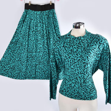 1980's Leopard Print Top & Skirt Matching Dress SET Vintage Punk Rock New Wave 80's style Teal Green Black, Circle Skirt T shirt Mock Neck 