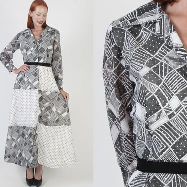 70s Patchwork Dress, Swiss Dot Print, Vintage Prairie Style, Long Colorblock Skirt, Tag Size 10 