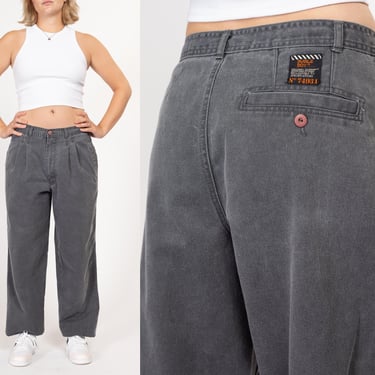 Large 90s Bugle Boy Grey Cotton Pleated Pants 31" | Vintage Grunge Tapered Leg High Waisted Denim Pants 