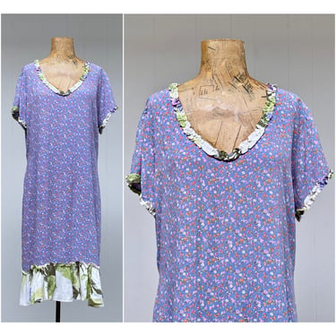 Vintage 1980s Loose Fitting Floral Dress, Rayon Crepe Mixed Print Tea Length Grunge Style, Medium 