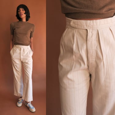 Vintage 40s Pinstriped Cotton Trousers/ 1930s 40s Repaired Patched Summer Pants/ Size 28 