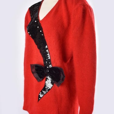 58% SILK & ANGORA Fur Sweater, Red and Black Bow Sequins 1980's Vintage Pullover, Large Size, IB Diffusion, Soft, fuzzy Wool V Neck Top 