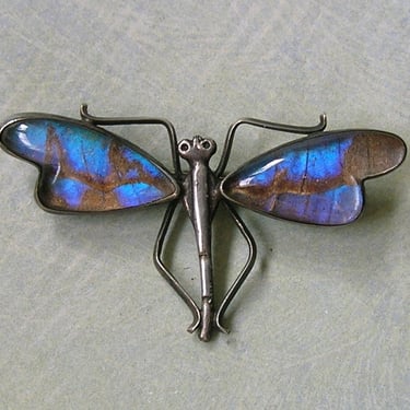 Antique Sterling Morpho Butterfly Wing Dragonfly Pin, Old Butterfly Wing Brooch Pin, Sterling Dragonfly Wing Pin (#4359) 