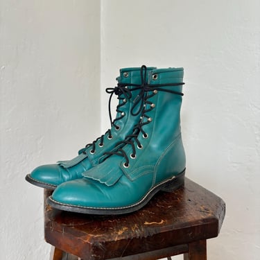 Vintage Teal Leather Blue Justin Style Fringe Boots Booties Texas by TimeBa