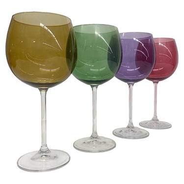 Vintage Wine Glasses Retro 1970s Mid Century Modern + Balloon Style + Glass + Colorful + Set of 4 + Barware + Drinking Alcohol + Bar Decor 