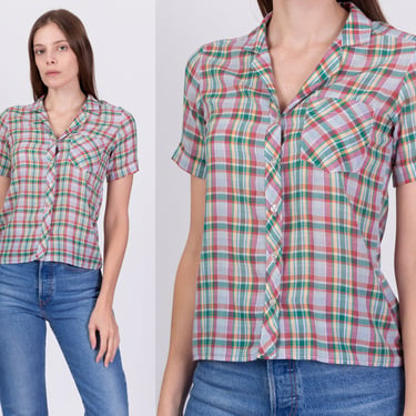 70s Plaid Button Up Top - Petite XS | Vintage Semi Sheer Short Sleeve Collared Shirt 
