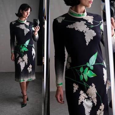 Vintage 60s LEONARD PARIS Black Silk Long Sleeve Floral Print Dress | Made in France | 100% Silk Jersey Mikado | 1960s Designer Silk Dress 