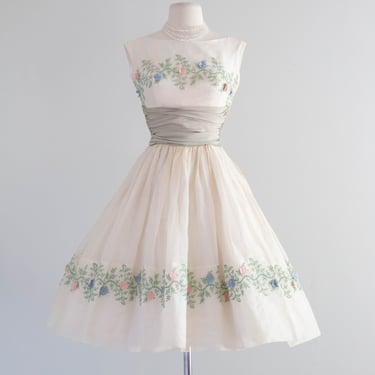 Vintage Embroidered Organdy Party Dress With Floral Applique / XS