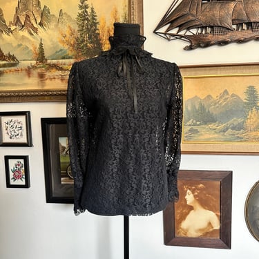 Vintage Victorian Style Black Lace Blouse with Satin Bow Tie 