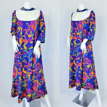 1960's Neon Blue Psychedelic Print Rayon Muumuu Hawaiian Dress I Sz Lrg 