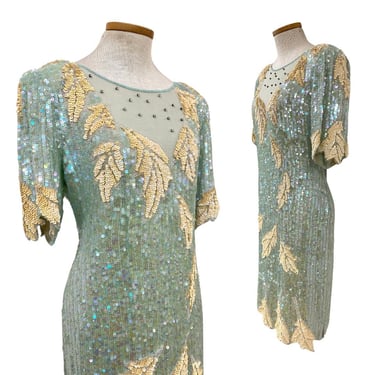 Vtg Vintage 1980s 80s Sweet Lo Aqua Iridescent Sequin Beaded Cocktail Dress 