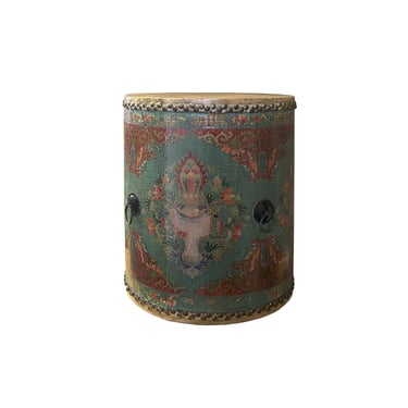 Distressed Chinese Tibetan Drum Shape Turquoise Aqua Floral Side Table cws4143E 