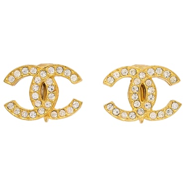 Chanel Gold CC Earrings Clip-On Rhinestone 2084