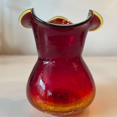 Vintage Small Amberina Glass Crackle Vase | Handblown MCM Art Glass Vase | Amberina Small Ruffle Vase 