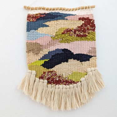 Wall Weaving/Hanging - Woven Tapestry - Batik Print Fabric, Olive Green, Burgundy- Raffia - Boho Fiber Art - Handwoven Weave -Nursery Art(Y) 