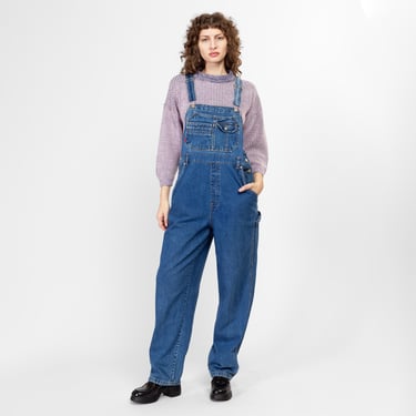 Large 90s Medium Wash Denim Overalls | Vintage Women's Blue Jean Bib Overall Pants 