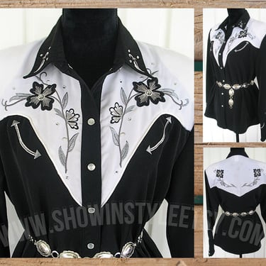 1849 Authentic Ranchwear Vintage Retro Women's Cowgirl Shirt, Black with Embroidered Flowers, BLEMISHED, Tag Size Large (see meas. photo) 