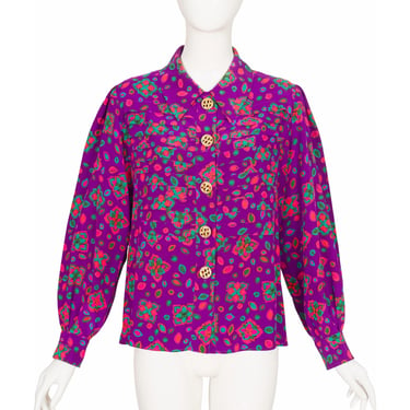 Yves Saint Laurent 1990s Vintage Floral Purple Silk Collared Long Sleeve Blouse Sz 42 FR 