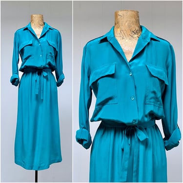 Vintage 1970s Carol Little Teal Silk Shirtwaist Dress, 80s Military-Style Day Dress, Medium 38