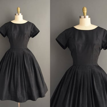 1950s dress | Classic Black Full Skirt Shirtwaist Cotton Dress | Medium | 50s vintage dress 