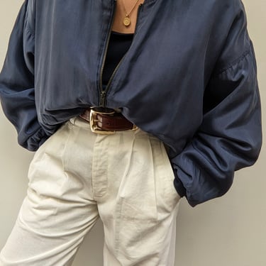 Vintage Stone Blue Silk Bomber Jacket